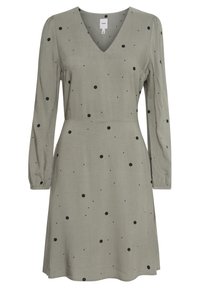 Grünes Kleid mit langen Puffärmeln und einem V-Ausschnitt. Es hat schwarze Polka-Dots, eine taillierte Taille und einen ausgestellten Rock. Weicher, strukturierter Stoff.