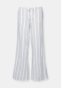 Pantalons en lin blanc avec des rayures grises horizontales ; design évasé ; taille élastique avec cordon de serrage ; tissu texturé au look léger et aérien.