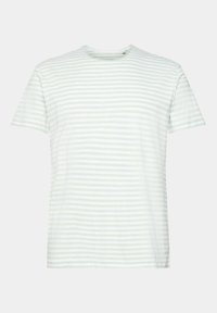 Stribet t-shirt i lys grøn og hvid, med korte ærmer, rund hals og en blød stofstruktur. Klassisk pasform og enkelt design.