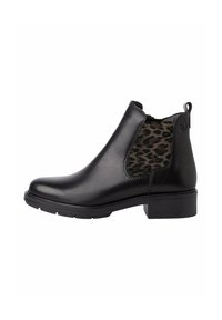 Stivale alla caviglia nero in pelle con punta rotonda, pannello elastico laterale con stampa leopardata e tacco basso a blocco.