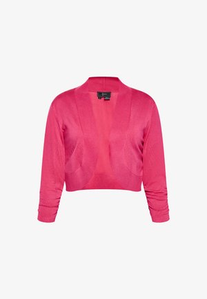 Cardigan scurt dintr-un tricot de culoare roz aprins, prevăzut cu mâneci lungi, deschis în față și cu o textură discretă în acest stil de nervuri pe guler și tiv.