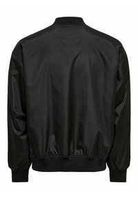 Black bomber jacket made of smooth fabric, featuring a ribbed collar and cuffs, with a gathered hem. No visible patterns or embellishments.