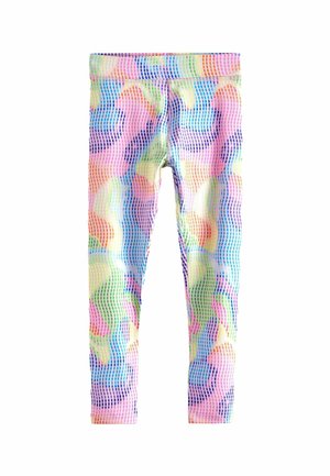 Színes leggings, amely hullámos, pöttyös mintával rendelkezik pasztell rózsaszín, kék, zöld és narancssárga árnyalatokban, rugalmas derékrésszel.
