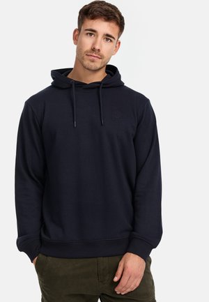 Navyblauwe katoenen hoodie met een voorzak in kangoeroestijl, verstelbare trekkoordcapuchon en ribgebreide manchetten en onderrand. Diskrete logo op de borst.