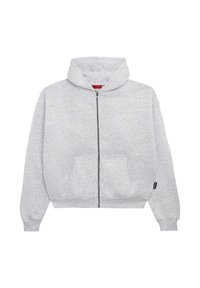 Sweat à capuche zippé gris clair avec poches avant, capuche et poignets côtelés, présenté sur un fond blanc uni.