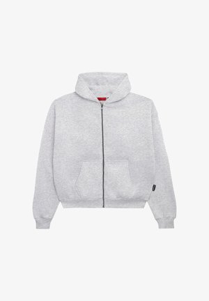 Lichtgrijze hoodie met ritssluiting, voorzakken, capuchon en geribde boorden, weergegeven op een effen witte achtergrond.