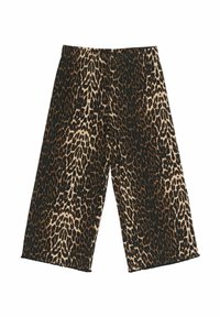 Hlače širokih nogavica s uzorkom leopard kože u kombinaciji smešnih, crnih i bež nijansi. Imaju elastičan pojas i glatku teksturu.
