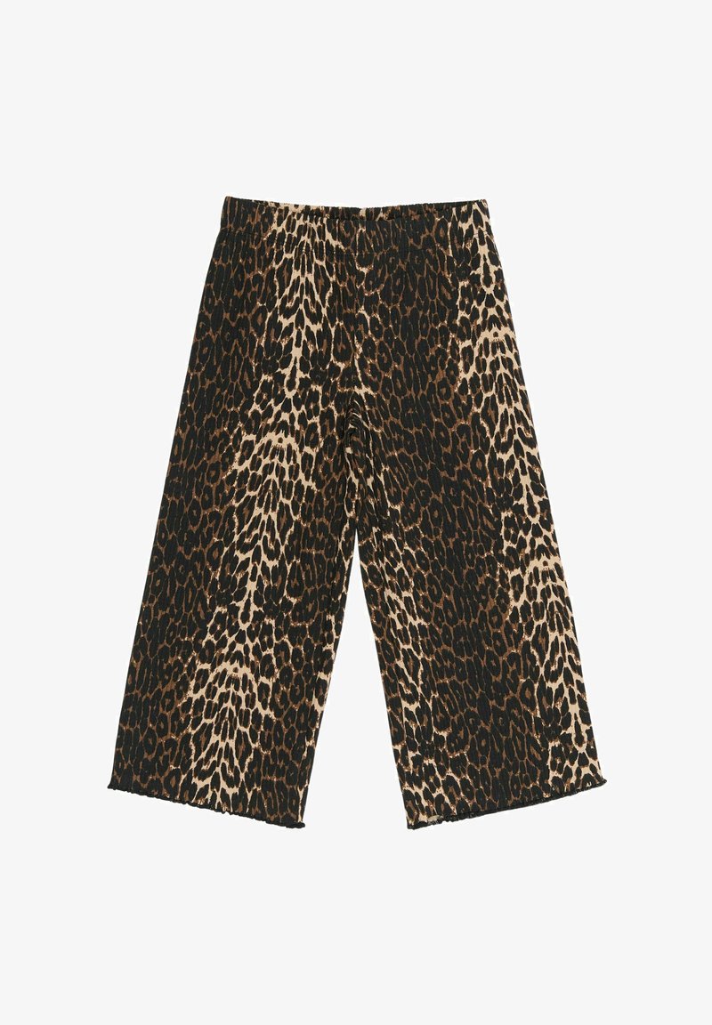 Hlače širokega kroja z leopardjim vzorcem v mešanici rjave, črne in bež barve. Imajo elastičen pas in gladko teksturo.