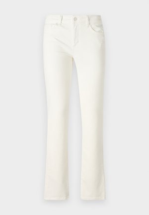 White denim flared jeans with a classic five-pocket design, featuring a front button closure and contrast stitching. Smooth texture and mid-rise fit.