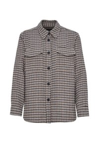 Chemise à manches longues boutonnée avec motif pied-de-poule noir, blanc et marron, et deux poches poitrine à rabat sur fond blanc.