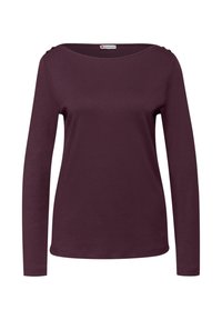 Top s dlouhým rukávem a kulatým výstřihem v tmavě švestkové barvě s malými knoflíky na levém rameni, jednobarevná pletenina, přiléhavý střih.
