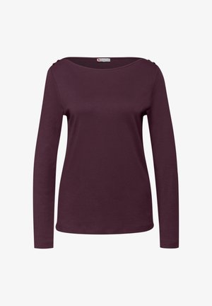 Tröja med långa ärmar och rund hals i mörk plommonfärg med små knappar på vänster axel, enfärgad stickad tyg, figurnära silhuett.