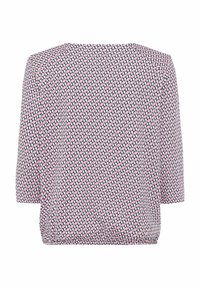 Pink and navy geometric patterned blouse with three-quarter sleeves, rounded neckline, and elasticized hem, made from lightweight fabric.