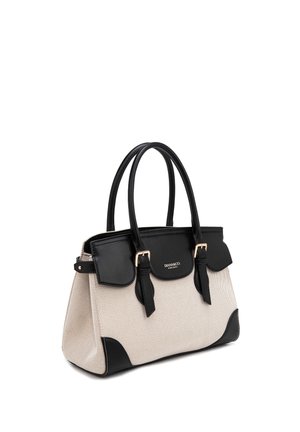 Beige en zwart gestructureerde handtas met dubbele handvatten, klep aan de voorkant, gespsdetails en logo "Diana&Co Firenze" op de voorste klep.