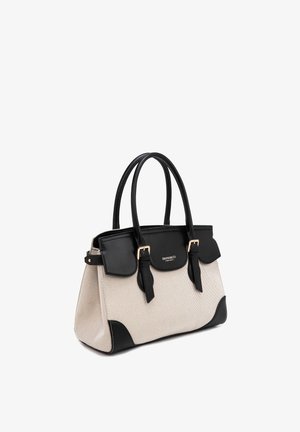 Borsa strutturata beige e nera con doppi manici, patta frontale, dettagli con fibbie e logo "Diana&Co Firenze" sulla patta frontale.