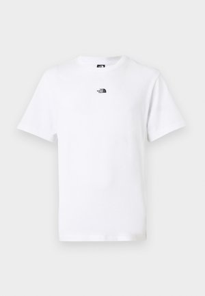 Witte T-shirt met korte mouwen en ronde hals, met een klein zwart The North Face-logo in het midden nabij de kraag aan de voorkant.