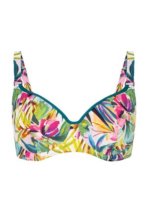 Biustonosz w kwiatowy wzór, charakteryzujący się intensywnymi odcieniami różowego, zielonego i żółtego. Wykonany z miękkiego materiału, ma wsparcie w postaci fiszbin oraz regulowane ramiączka w turkusowym kolorze.
