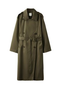 Long trench-coat vert olive avec des boutons croisés, un large col, des pattes d'épaule, des poches latérales et une ceinture assortie à la taille.