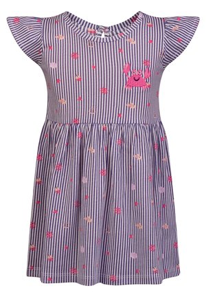 Kindermädchen mit violetten und weißen Streifen, verstreuten rosa Meerestiermotiven und einem kleinen bestickten rosa Krebs auf der Brust.