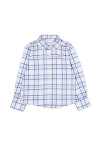 Langsleeve overhemd met knopen, in een blauw-witte geruite patroon, gemaakt van lichte stof, met een klein geborduurd logo op de borst.