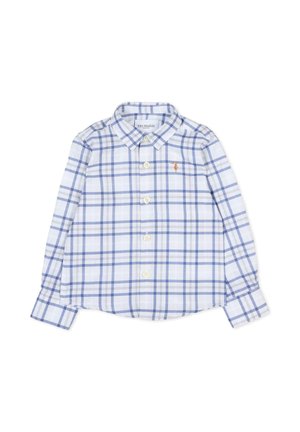 Langsleeve overhemd met knopen, in een blauw-witte geruite patroon, gemaakt van lichte stof, met een klein geborduurd logo op de borst.