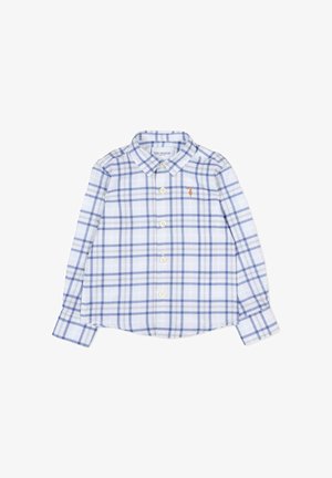 Langsleeve overhemd met knopen, in een blauw-witte geruite patroon, gemaakt van lichte stof, met een klein geborduurd logo op de borst.