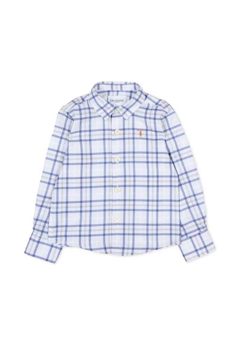 Langsleeve overhemd met knopen, in een blauw-witte geruite patroon, gemaakt van lichte stof, met een klein geborduurd logo op de borst.