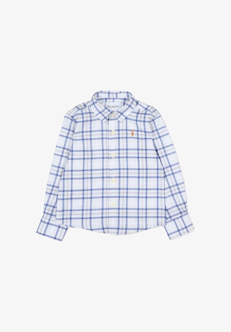 Koszula z długim rękawem z guzikami, w niebiesko-białą kratę, wykonana z lekkiego materiału, z małym haftowanym logo na piersi.