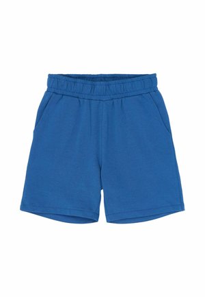 Pantaloni scurți albaștri din bumbac, cu talie elastică, două buzunare laterale și croială lejeră. Textură netedă, culoare solidă fără modele.