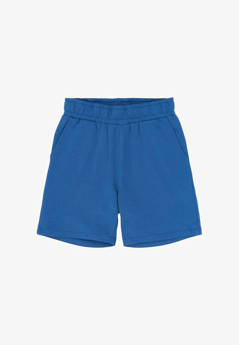 Shorts en coton bleu avec une ceinture élastique, deux poches latérales et une coupe décontractée. Texture lisse avec une couleur unie et sans motifs.