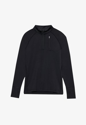 Sudadera negra de manga larga con cuello de media cremallera, que cuenta con mangas raglán y un bolsillo en el pecho. Textura suave y corte atlético.