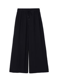 Pantalones de pierna ancha en negro sólido, con cintura elástica y fabricados en un tejido ligero y suave, adecuados para uso casual.