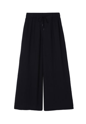 Pantaloni a gamba larga neri uni, con vita regolabile e tessuto leggero dalla texture liscia, adatti per un look casual.