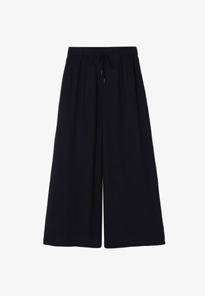 Pantalones de pierna ancha en negro sólido, con cintura elástica y fabricados en un tejido ligero y suave, adecuados para uso casual.