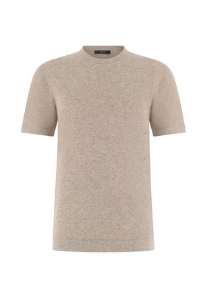 T-shirt beige à manches courtes en maille, col rond et tissu finement texturé, présenté sur un fond blanc.