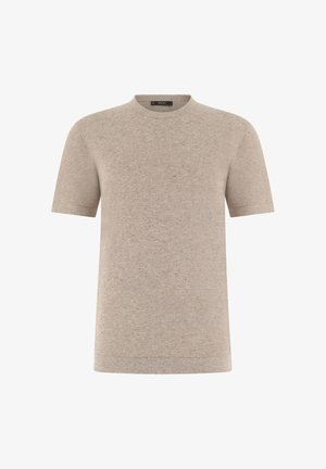 T-shirt beige à manches courtes en maille, col rond et tissu finement texturé, présenté sur un fond blanc.