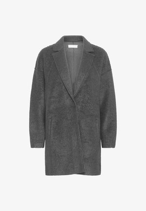 Grijze oversized jas van een textuur zacht stof. Heeft een reverskraag, lange mouwen en twee voorzakken.