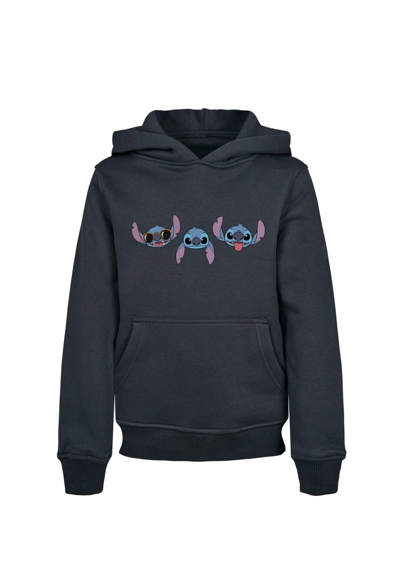Tmavošedá mikina s kapucňou s predným vreckom, rebrovanými manžetami a ilustráciou troch postáv Stitch s rôznymi výrazmi.
