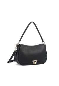 Borsa a tracolla in pelle nera con una forma curva, manico corto superiore e hardware dorato sul davanti. Inclusa tracolla regolabile.