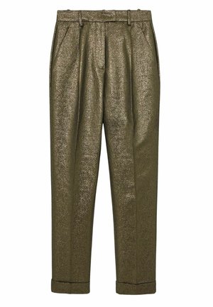 Pantaloni metallici verde oliva con una vestibilità rilassata, dotati di pieghe, orli risvoltati e una finitura liscia e testurizzata.