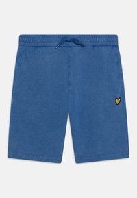 Niebieskie bawełniane szorty z elastycznym pasem i sznurkiem do regulacji. Posiadają małe, żółte haftowane logo w dolnym prawym rogu.