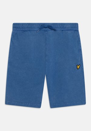 Blauwe katoenen shorts met een elastische tailleband en koord. Heeft een klein geel geborduurd logo rechtsonder.