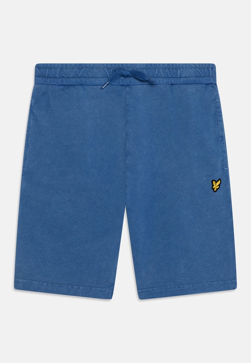 Niebieskie bawełniane szorty z elastycznym pasem i sznurkiem do regulacji. Posiadają małe, żółte haftowane logo w dolnym prawym rogu.