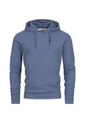 Blauer Kapuzenpullover aus strukturiertem Stoff, mit einer Kordelzugkapuze, langen Ärmeln und einer kleinen Fronttasche. Weiße Borte am Saum.