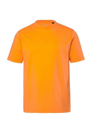 Einfaches leuchtend orangefarbenes T-Shirt mit kurzen Ärmeln und Rundhalsausschnitt, frontseitig dargestellt auf weißem Hintergrund.