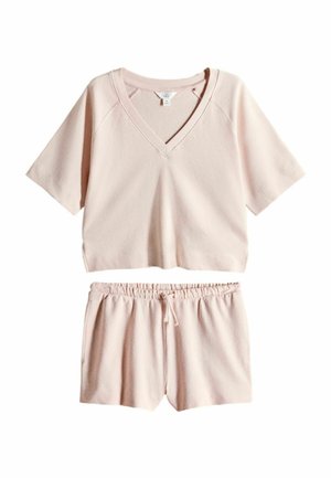 Soft pink short-sleeve V-neck top with matching elastic waist drawstring shorts, designed as a comfortable casual loungewear set.