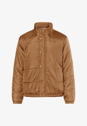 Brown puffer jacket with a high collar, snap buttons, and horizontal quilted texture. Features elastic cuffs and waist for a snug fit.