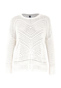 Weißer gestrickter Pullover mit einem Zickzackmuster, langen Ärmeln und einem runden Ausschnitt mit strukturiertem Design.