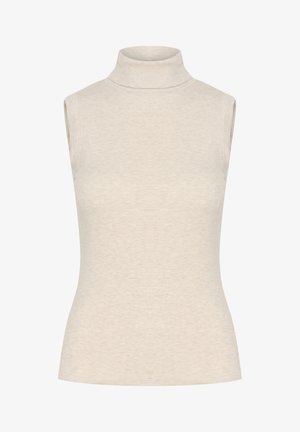 Hihaton korkea kaulusshamari vaaleanbeige väri, valmistettu pehmeästä, ribbineuloksesta. Ominaisuuksiin kuuluu tiukka siluetti ja korkea, jämäkkä kaulus.