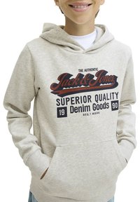 Haut à capuche gris clair en coton, présentant une poche avant, un cordon de serrage pour la capuche et un design graphique en texte bleu foncé et bordeaux.